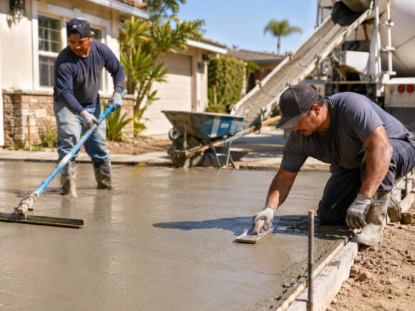 Crew finishing a fresh concrete pour in Ventura, CA