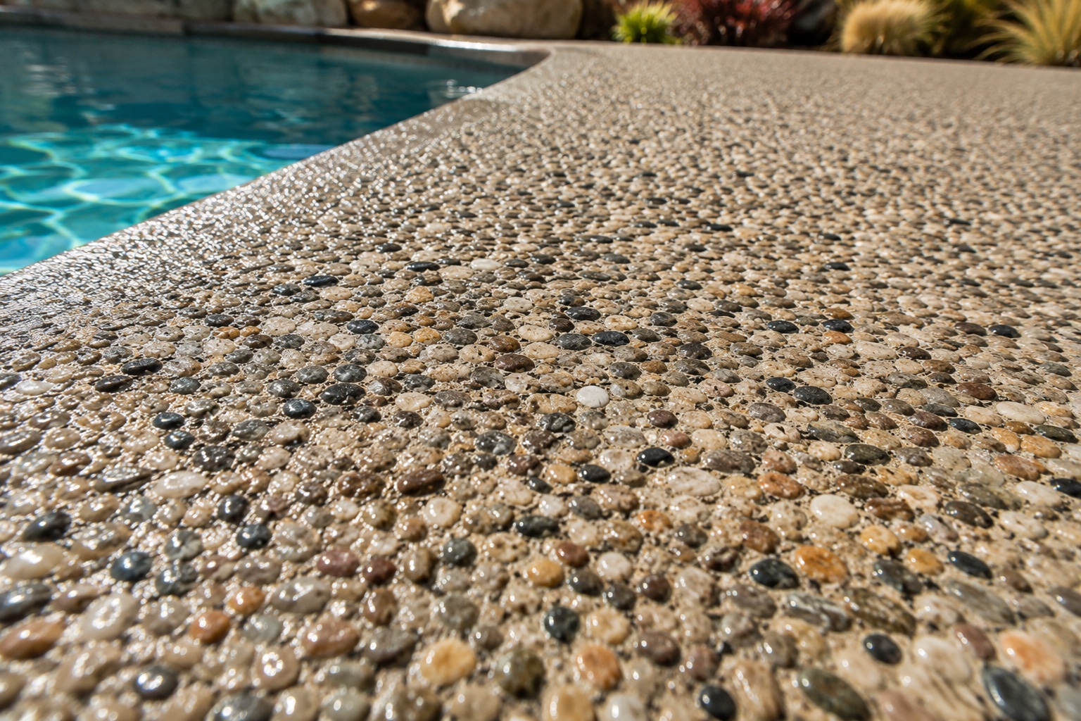Exposed aggregate concrete finish on a Ventura pool deck
