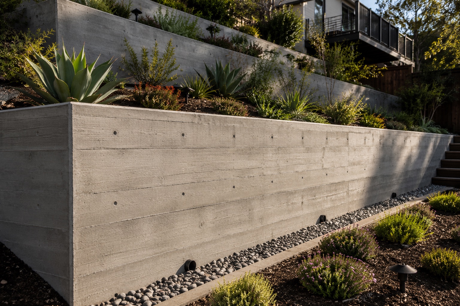 Engineered concrete retaining wall on a Ventura hillside